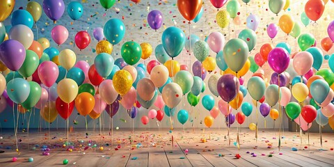Vibrant balloons in pastel colors rise above a confetti-covered floor, creating a festive and joyful atmosphere to celebrate a special day with warmth and delight.