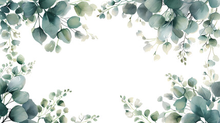 illustration of a natural watercolor background with green eucalyptus branches, in the style of floral, dark white and light aquamarine, decorative borders