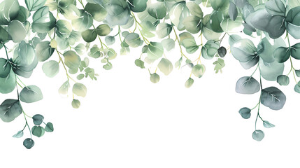 illustration of a natural watercolor background with green eucalyptus branches, in the style of floral, dark white and light aquamarine, decorative borders