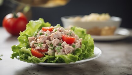 Tuna salad tomato green leaf lettuce onion healthy eating cooking appetizer meal food snack 