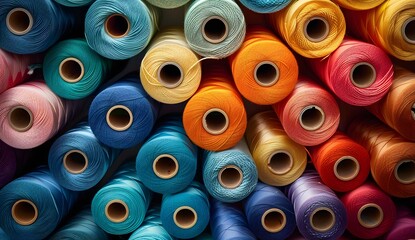 Colorful spools of thread arranged in rows on top of each other, symbolizing the diverse and colorful world of sewing materials. , stylish background for product presentation
