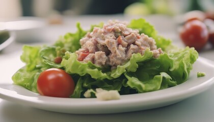 Tuna salad tomato green leaf lettuce onion healthy eating cooking appetizer meal food snack 
