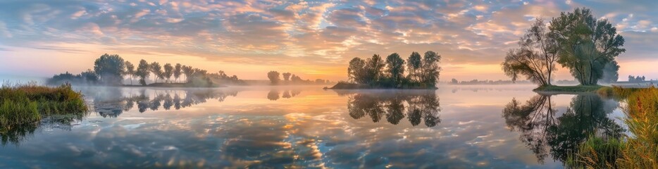 Obraz premium Tranquil Sunrise Reflection on a Misty Lake