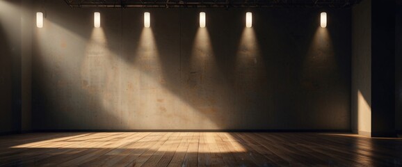 A single spotlight illuminates an empty wooden stage in a dark theater