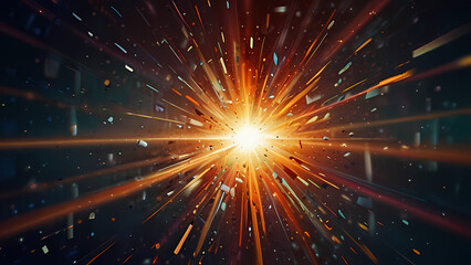 Naklejka premium abstract background that illustrates the aftermath of an explosion, with shards of light and fragments radiating outward from a central point, using a mix of warm and cool tones