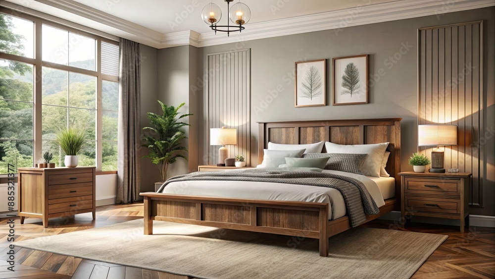 Wall mural Contemporary bedroom with stylish earth tones, wooden bed frame, and elegant decor, bathed in natural light, contemporary