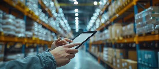 Warehouse Worker Using Tablet for Inventory Management