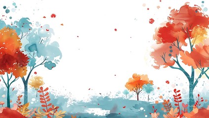 watercolor abstract background with floral trees, flowers and waves