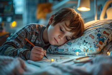 boy drawing in a hospital bed, cute child learning to draw, kid artist in clinic.