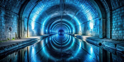 Eerie blue light illuminating abandoned underground water tunnel with reflections on water
