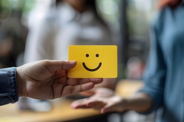Handing Over a Smiley Face Card in a Friendly Gesture