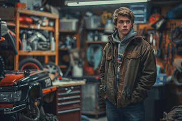 Fototapeta premium Teenager in garage, student learning auto repair, working on a vehicle