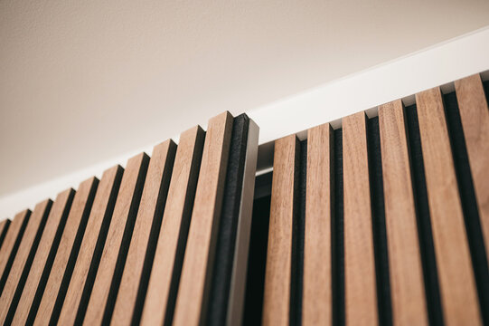 Close-up of acoustic wooden wall panel door