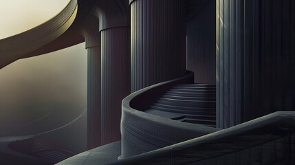 Obraz premium A grand staircase with ornate columns leading up to a mysterious, glowing doorway. The architecture is suggestive of an ancient temple or a futuristic palace.
