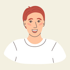 Happy satisfied man, smiling, in good mood, portrait, user interface illustration in minimalistic flat style