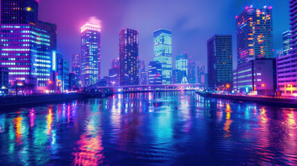 A vibrant cityscape at night with skyscrapers illuminated by colorful lights and reflections in the river