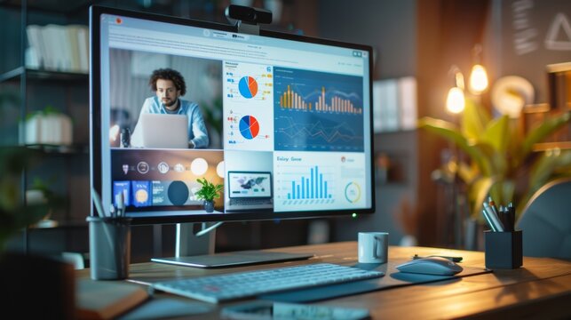 Modern Workplace with a Computer Screen Showing Business Data.