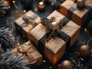 Elegant Christmas Gifts Wrapped in Gold and Black with Festive Decorations