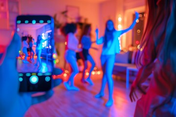 Obraz premium A young Asian woman created her dancing video with her friend using her smartphone camera. She uploaded the video to the social media platform Tiktok.
