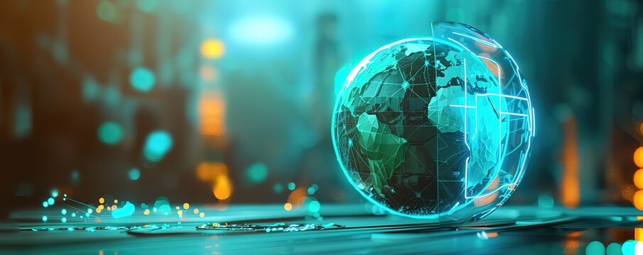 a neon green globe with a background of city buildings and a blur effect - Powered by Adobe