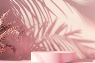 This is a minimal summer scene with a pink product stand platform and 3D podium display backdrop in color palette of pastel shadows on a canvas for a cosmetic stage or a modern blank showcase studio