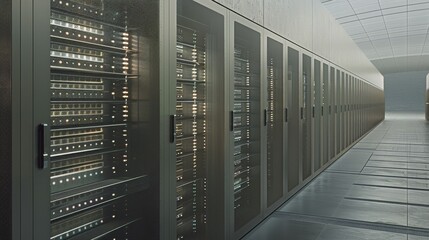 A long row of server racks in a modern data center.  The servers are lit by bright lights and the room is clean and well-maintained.