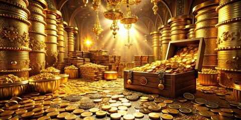 A luxurious treasure room filled with glittering gold coins, jewels, and artifacts, treasure, room, gold, precious, shiny