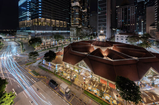 Aerial view of Telok Ayer Market at night, Singapore Downtown
