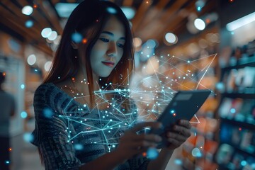 Naklejka premium Woman Engaged with Digital Tablet in a Futuristic Environment
