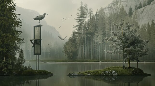 A lone bird perches on a tall signpost overlooking a misty lake and forested landscape.  The serene scene evokes a sense of mystery and tranquility.