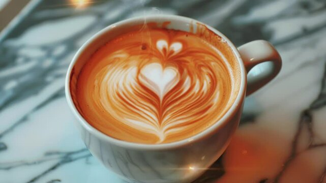 Closeup of a latte with heart design.