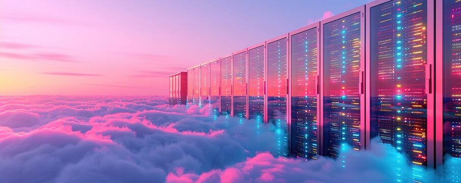 illustration of a data server room above a sea of ​​clouds with an evening sky in the background