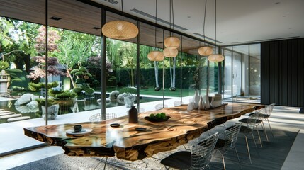 Fototapeta premium A contemporary dining room with a live-edge wooden table