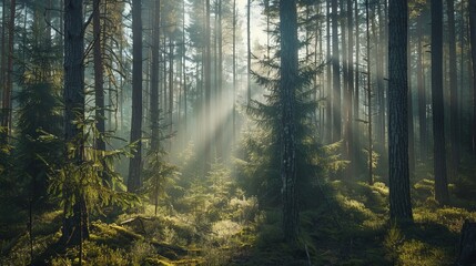 Naklejka premium A dense forest with sunlight filtering through the tall trees, creating a magical, serene atmosphere