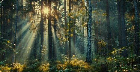 Obraz premium A dense forest with sunlight filtering through the tall trees, creating a magical, serene atmosphere