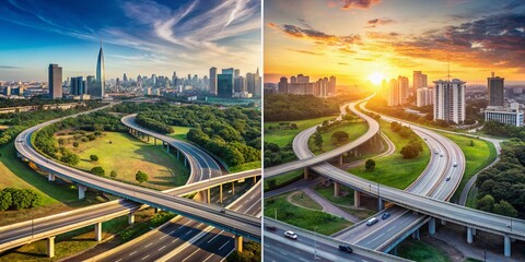 A split-screen diagram contrasting tactical and strategic UX design, with a winding road transforming into a straight highway, amidst a cityscape background.