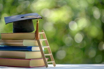 Student studying abroad to broaden his or her world view, education concept Graduation cap with foreign books on top, depicting students working from home to study.