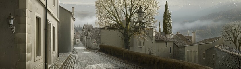 A narrow, cobblestone street in a historic town, with tall buildings lining either side and a large tree casting shade.