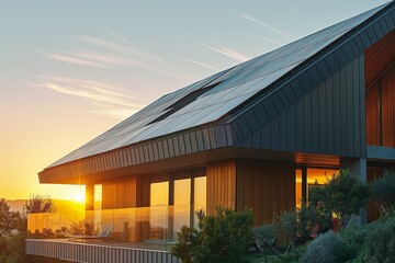 Fototapeta premium Modern House With Solar Panels at Sunset