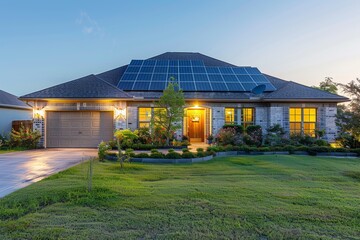 Obraz premium Modern Brick Home with Solar Panels at Dusk