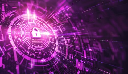 Fototapeta premium 3D purple cyber background with lock symbol and digital glowing light effect, web security system concept banner design in the style of digital art.