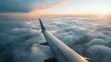 A stunning view from the window of a plane showing the wing cutting through a sea of fluffy white clouds during a serene flight as the sun begins to set over the horizon.