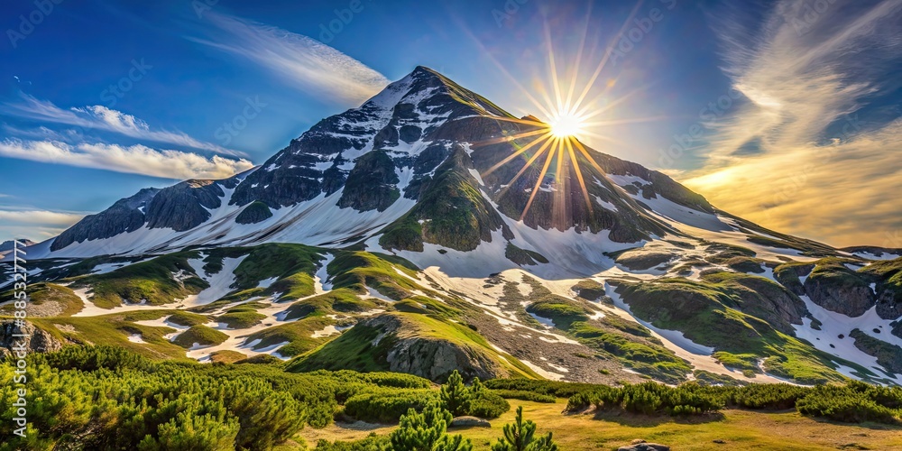 Wall mural Mountain peak bathed in sunlight on a clear spring day in Rila Mountain, Bulgaria , Maliovitsa Peak, Rila Mountain, Bulgaria, sunny