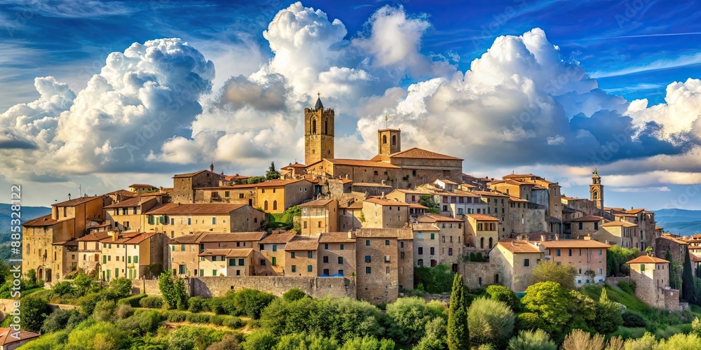 Sticker Panoramic view of Tuscan town Campiglia Marittima with blue sky and clouds, Tuscany, Italy, Campiglia Marittima