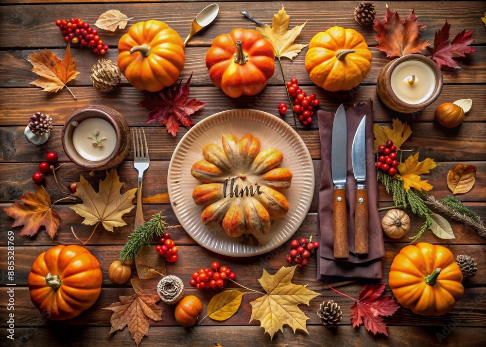 Poster autumnal flat lay centerpiece featuring a warm-toned give thanks place setting with rustic pumpkins,