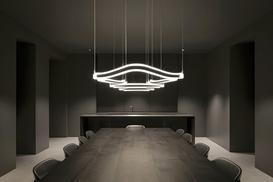 Minimalist modern interior in dark tones with ultra modern elegant lighting