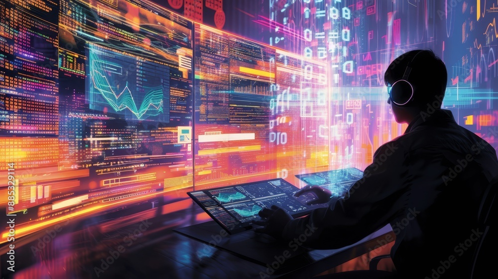 Poster a data scientist at work amidst glowings screens and cascading data streams symbolizing the complex 
