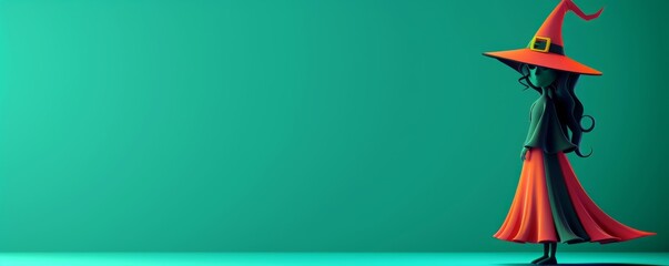 Illustration of a witch in a red dress and hat standing against a green background. Halloween-themed artwork with a unique cartoon style.