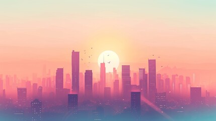 Fototapeta premium A delicate pastel gradient sunrise depicting the silhouette of an eco-city AI generated illustration
