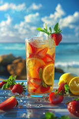 Obraz premium Tropical Fruit Cocktail with Strawberries, Lemon Slices, and Mint, served on a Beachside Table with Ocean and Blue Sky in Background